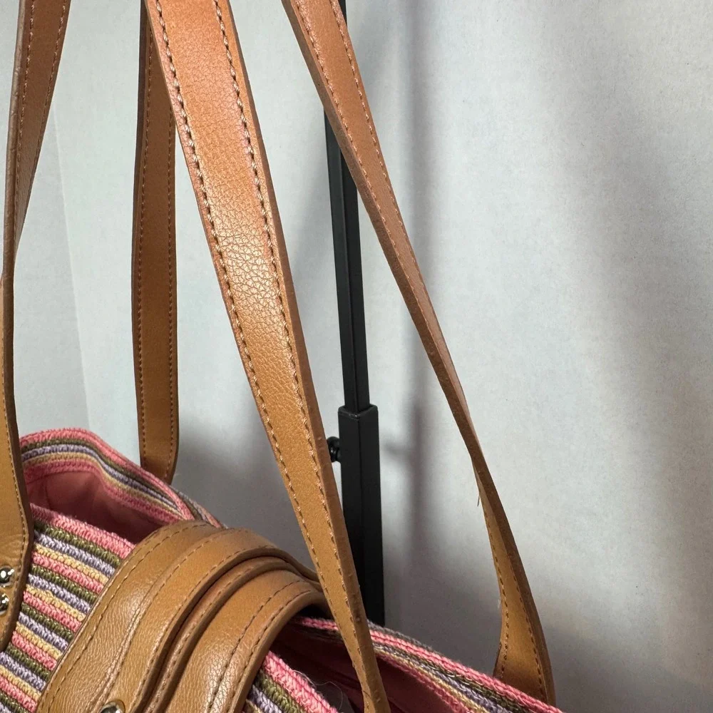 Liz Claiborne Woven Striped Multicolor Tote Shoulder Bag Tan Faux Leather Straps